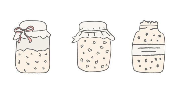Hand drawn sourdough starter jars set. Rustic sketch style fermentation illustration with labels. Minimal neutral kitchen clipart for baking blogs, recipe cards, packaging, farmhouse decor. Vector.