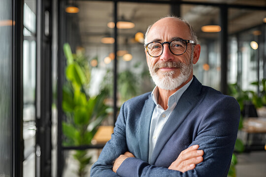 Navy - blazer businessman with white beard and round tortoiseshell glasses, arms crossed and a warm smile in bright modern office with glass walls and plants