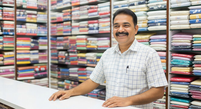 Smiling Indian Shop Owner in a Colorful Textile Store