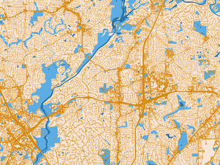 Fototapeta premium Urban map poster of Sandy Springs, Georgia with warm cream background with golden road lines and bright blue water in a clean flat cartographic style