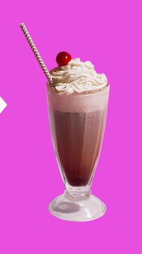 Drinks rotating roulette style on pink background stopping on milkshake with hearts flying. Concept of sweet drink choice, emotional preference, dessert beverage promo, playful ads content
