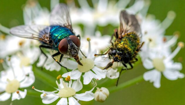 Two iridescent flies feed on nectar of a delicate, white flower cluster