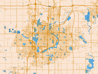 Fototapeta premium Street map of Sioux Falls, South Dakota in gold and blue map palette