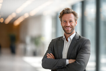Naklejka premium Confident smiling startup CEO - blond bearded man in grey textured blazer with arms crossed in bright glass - walled office lobby