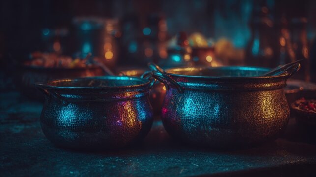 Mystical cauldrons with hammered texture glowing in dim, magical light, perfect for Halloween decor and fantasy settings