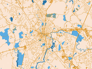 Fototapeta premium City map of Taunton, Massachusetts — warm cream background with golden road lines and bright blue water in a clean flat cartographic style