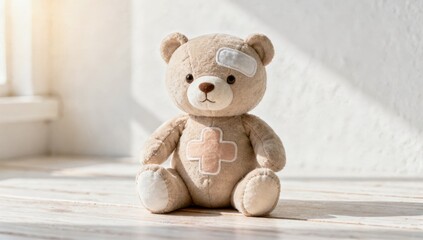 Fototapeta premium A teddy bear with a bandage and cross sits on a wooden floor in a bright room, evoking feelings of comfort and care.