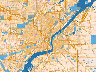 Obraz premium City map of Toledo, Ohio — minimal parchment-toned map with golden street network and sky-blue water areas
