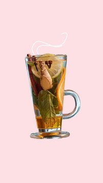 Diverse drinks rotating roulette style on pastel background stopping on tea with steam swirls above glass. Concept of hot beverage choice, calm lifestyle, tea promo, cozy drink ads content.
