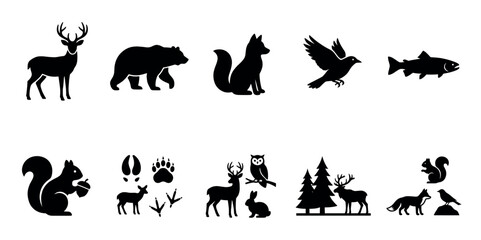 Naklejka premium A collection of black silhouettes of wild animals and nature elements like trees and footprints set against a clean white background for versatile use.