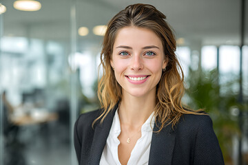 Fototapeta premium European businesswoman smiling with wavy light - brown hair, black blazer, white blouse and gold pendant, hoop earrings, direct gaze in bright glass office