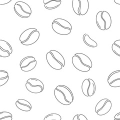 Fototapeta premium Seamless pattern of outlined coffee beans scattered randomly on a white background, perfect for textile or wallpaper design.