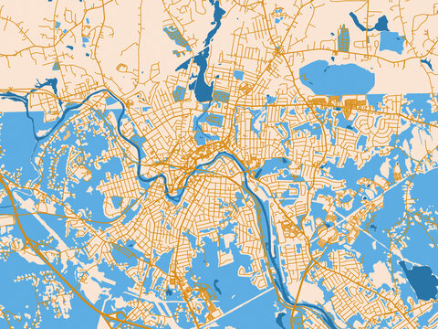 Urban map poster of Woonsocket, Rhode Island with light cream city field with mustard-gold linework and vivid blue lakes, rivers and waterways