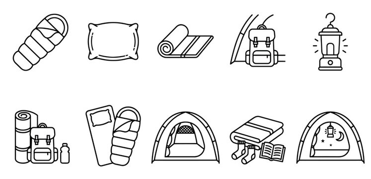 This clean line art collection features essential camping equipment including sleeping bags, tents, backpacks, and lanterns for outdoor adventures.