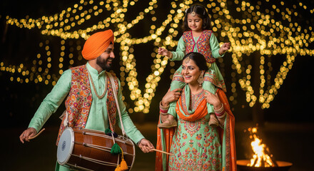 Fototapeta premium Happy Punjabi Family Celebrates Festival with Dhol and Lights