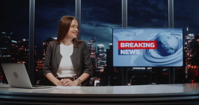 Female Reporter Makes Pronunciation Mistakes During Recording of News Broadcast, Laughs, and Begins New Take. Concept of Behind Scenes, Journalism Humor, Professional Portrait in Television Studio.