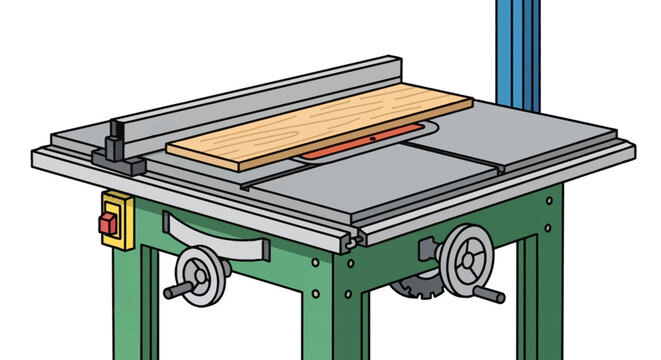 A green and silver table saw machine.