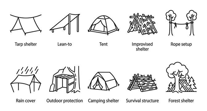 A collection of line art icons depicting various outdoor shelters including tents, tarps, lean-tos, and improvised structures in a forest setting.