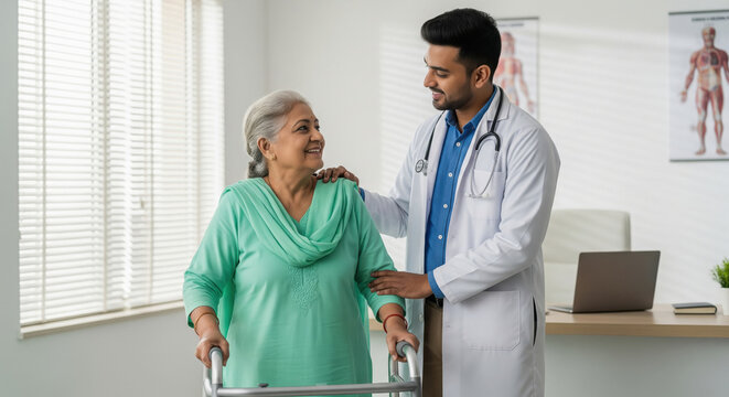 Doctor assisting senior Indian woman with walker in clinic.