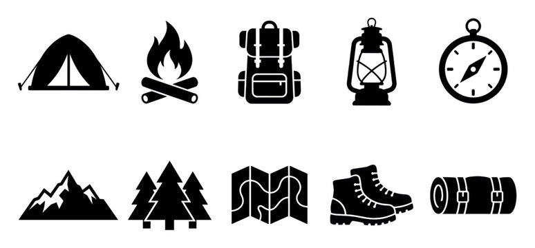 Collection of black vector icons depicting essential camping and outdoor adventure gear, including a tent, campfire, backpack, lantern, compass, mountains, trees, map, boots, and sleeping bag.