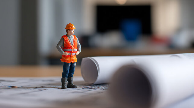 Miniature construction worker figurine stands on architectural blueprints with rolled plans, symbolizing professional development and project management
