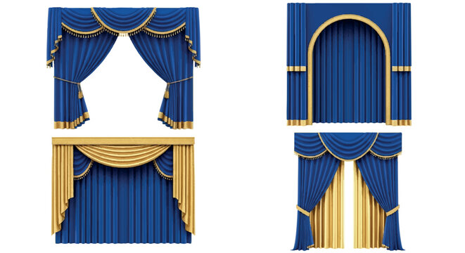 Collection of blue theatrical curtains with gold trim, including arched styles and draped pelmets, isolated, blue curtain