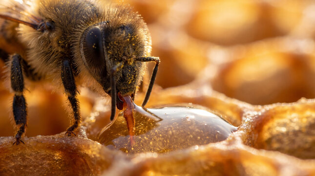 Worker bee drinking nectar from hexagonal honeycomb cell macro