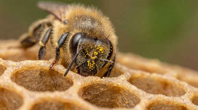 Worker bee examining honeycomb cell covered in yellow pollen grains