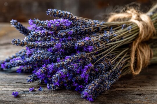 Dried Lavender Bundle Tied with Twine on Rustic Wooden Table with Purple Blooms
