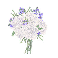 Fototapeta premium White rose decorated blue Matthiola watercolor illustration on isolated background. Garden blooming flowers with foliage bouquet. Floral composition for wedding invitation, romantic decor.