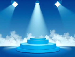 Obraz premium Empty blue stage podium with spotlights and smoke for presentation