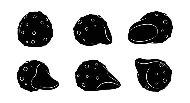 Set of six black silhouettes of water chestnuts from different angles, isolated on white background