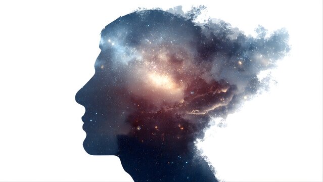 High detail silhouette of man, brain filled with swirling stardust and neural paths, blue clinical palette, grunge edges