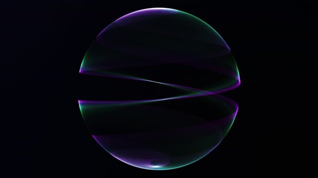 Abstract split glowing energy sphere with layered digital light bands and smooth flowing plasma lines, futuristic sci fi segmented orb on dark background seamless loop animation 4K