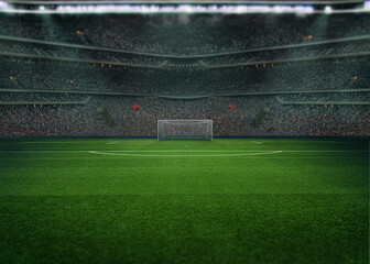 textured soccer game field - View of the soccer goal from midfield. 3D Illustration.