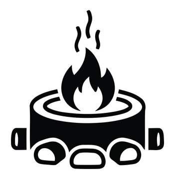 Stylized black and white icon of a campfire or fire pit with flames and smoke rising, surrounded by rocks.