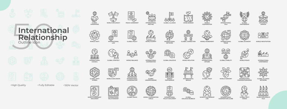 International Relationship Line Editable Icons set