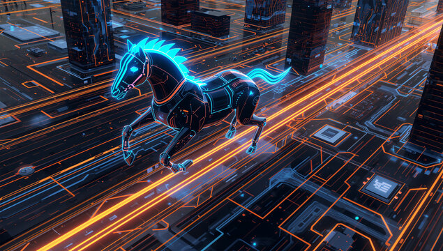 回路のような未来都市を俯瞰で走るロボット馬のCGイラスト