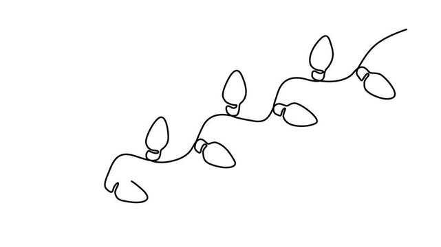 Christmas lights continuous one line drawing animation, concept of holiday decor, festive season, Outline drawing of festive string lights, Full length motion. 4k video