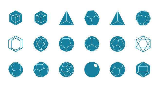 Geometric solids and platonic shapes arranged in a linear composition