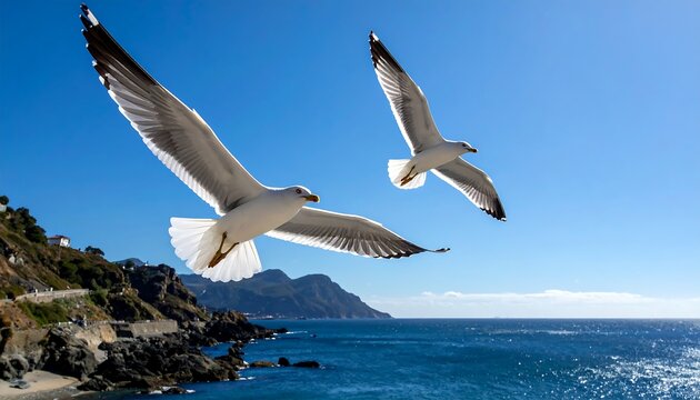 Two white seabirds soaring with spread wings above turquoise ocean waters and coastal cliffs