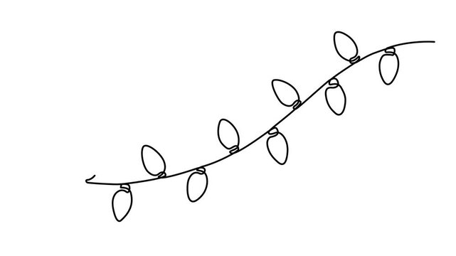 Christmas lights continuous one line drawing animation, concept of holiday decor, festive season, Outline drawing of festive string lights, Full length motion. 4k video