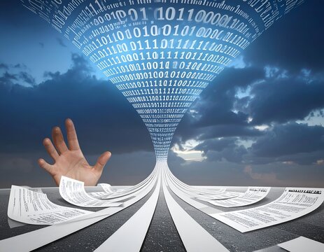 Hand Reaching for a Digital Binary Funnel of Light and Tech Innovation