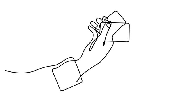 Animated self drawing of continuous line drawing of Hand holding two blank cards, one continuous line drawing art video. Full length single line animation. 4k video