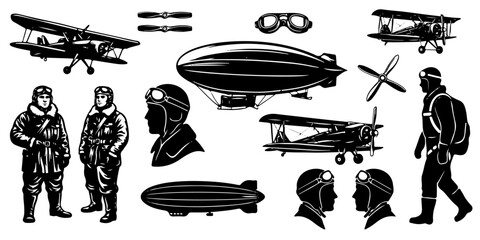 Vintage early aviation set. Biplanes, zeppelins, pilots, and flying accessories vector illustration silhouettes © Vladislav