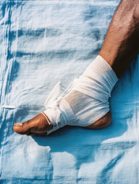 Diabetic foot ulcer covered with white bandage on brown skin resting on blue fabric showing wound care and healing process