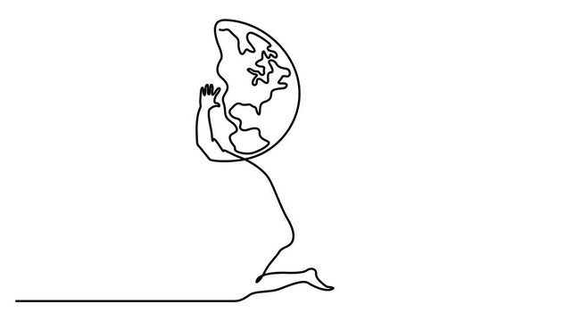 Continuous one line drawing of Man holding earth  animation video. Single line art illustration of man carry up the earth ball. Young man holding Earth globe. Full length motion. 4k video