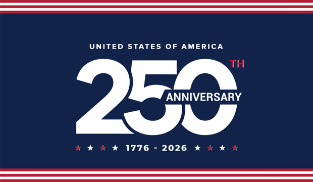 United states of america 250th anniversary logo with red white and blue stars and stripes on navy blue background