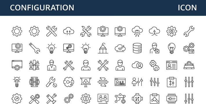 Configuration and settings outline icon set featuring system controls tools sliders cloud database user interface editable minimal vector collection