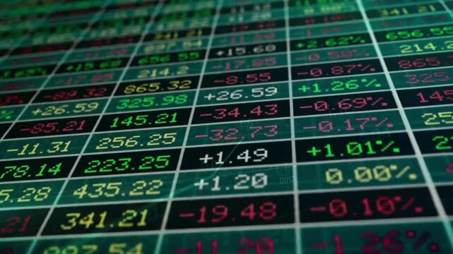 Real-time stock market electronic display board showing fluctuating financial data and global trading index values
